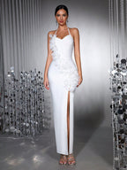 anila 3d floral halter high slit maxi dress in white