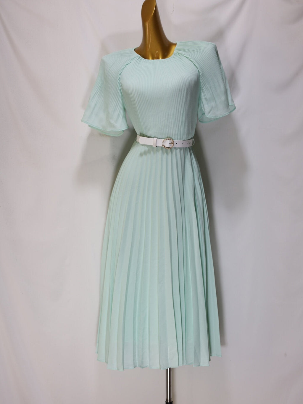 Mint Green Pleated Midi Dress with Belt