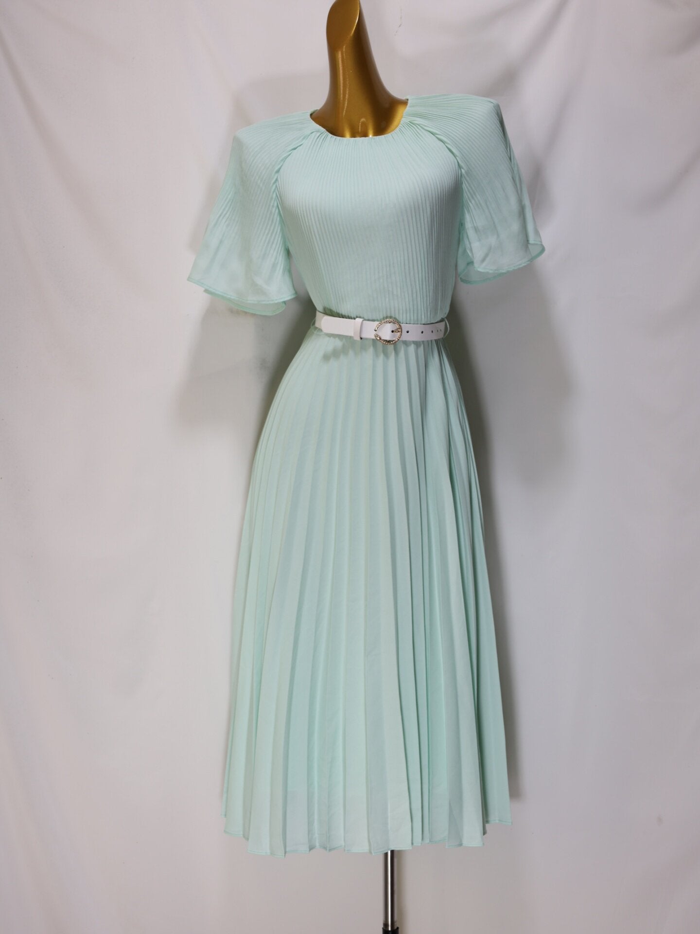 Mint Green Pleated Midi Dress with Belt