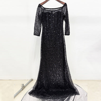 pink one-line neck nail bead sequin mesh long dress
