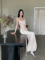 ursula apricot Sleeveless Ribbon Pleated Maxi Dress