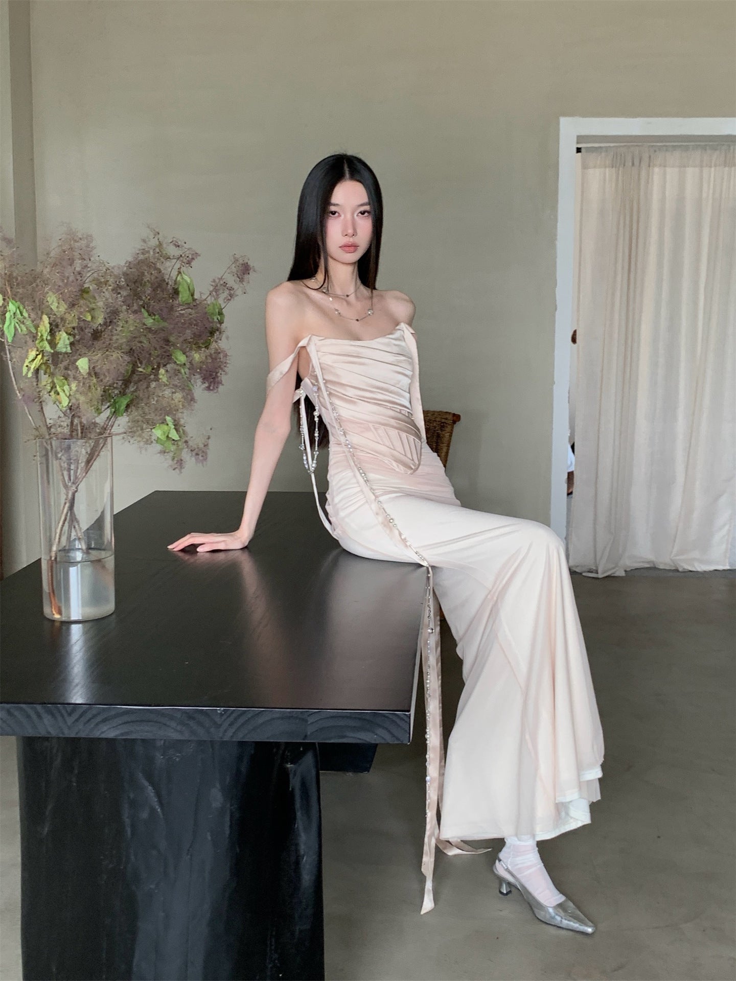 ursula apricot Sleeveless Ribbon Pleated Maxi Dress