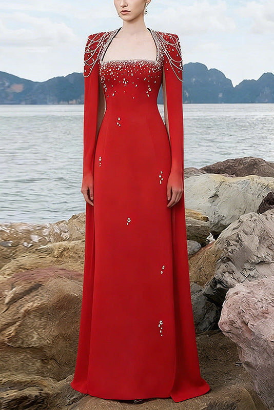 Flowering Girl Women red nail bead chain shawl sleeves floor-length dress