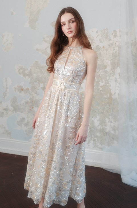 Gold Couture With Floral Embroidery Sequin Banquet Dress