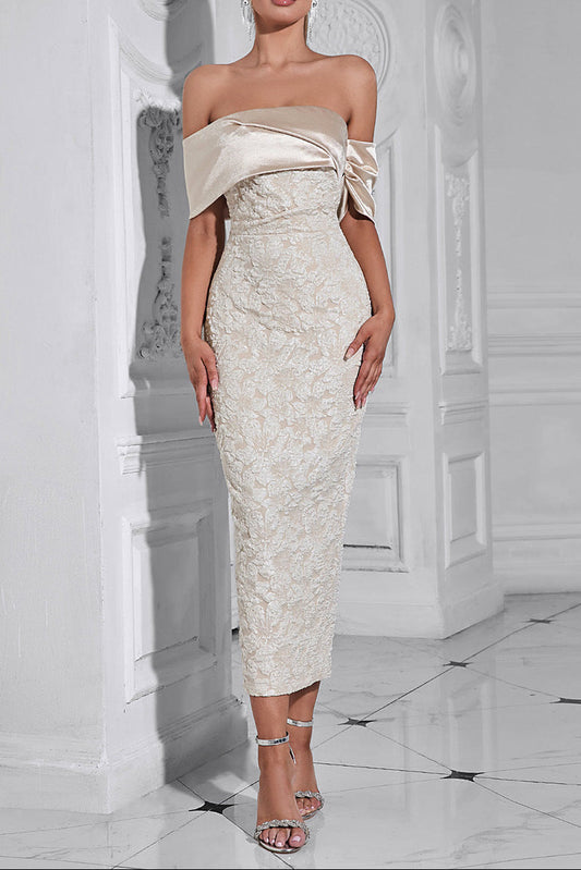 polly Contour Off-Shoulder Jacquard Floral Maxi Dress - apricot