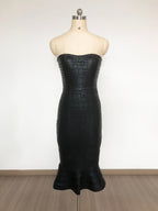 eudora off shoulder bodycon fishtail hem midi dress in black
