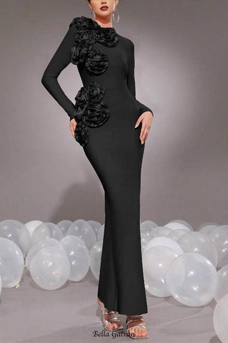 sally 3D Flower Decorative Bandage maxi Dress in black