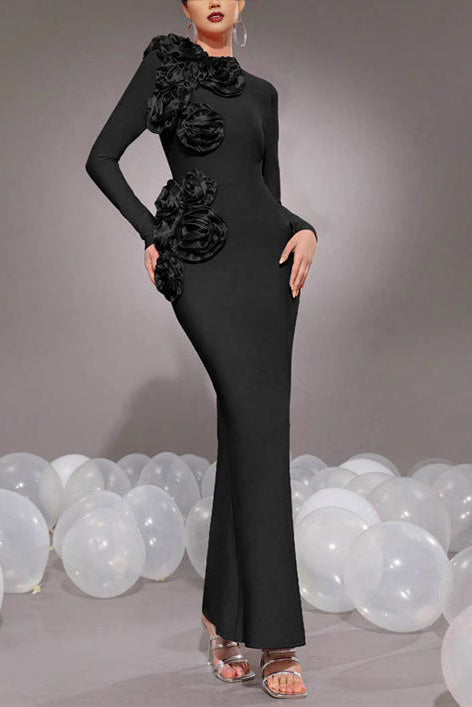 Sally 3D Flower Decorative Bandage Maxi Dress In Black