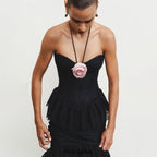 Flowering Girl Women Lace Tiered flower Strapless Maxi Dress in black