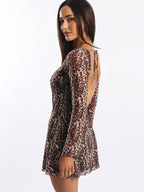 Flowering Girl Women leopard print mesh flared sleeve tie backless flared sleeve short dress
