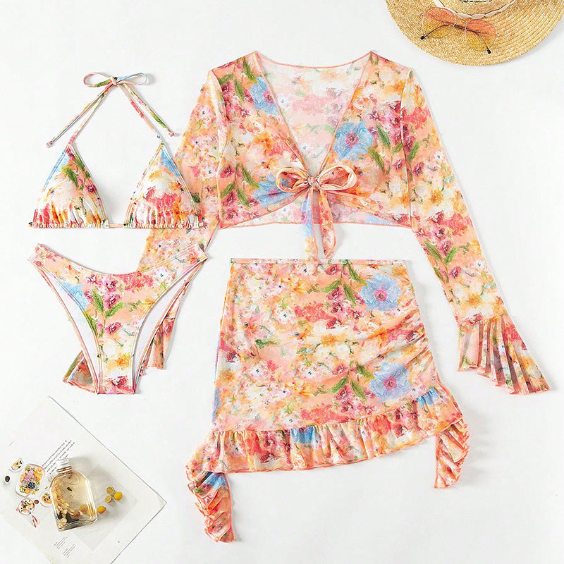 printed long-sleeve split cover-up bikini