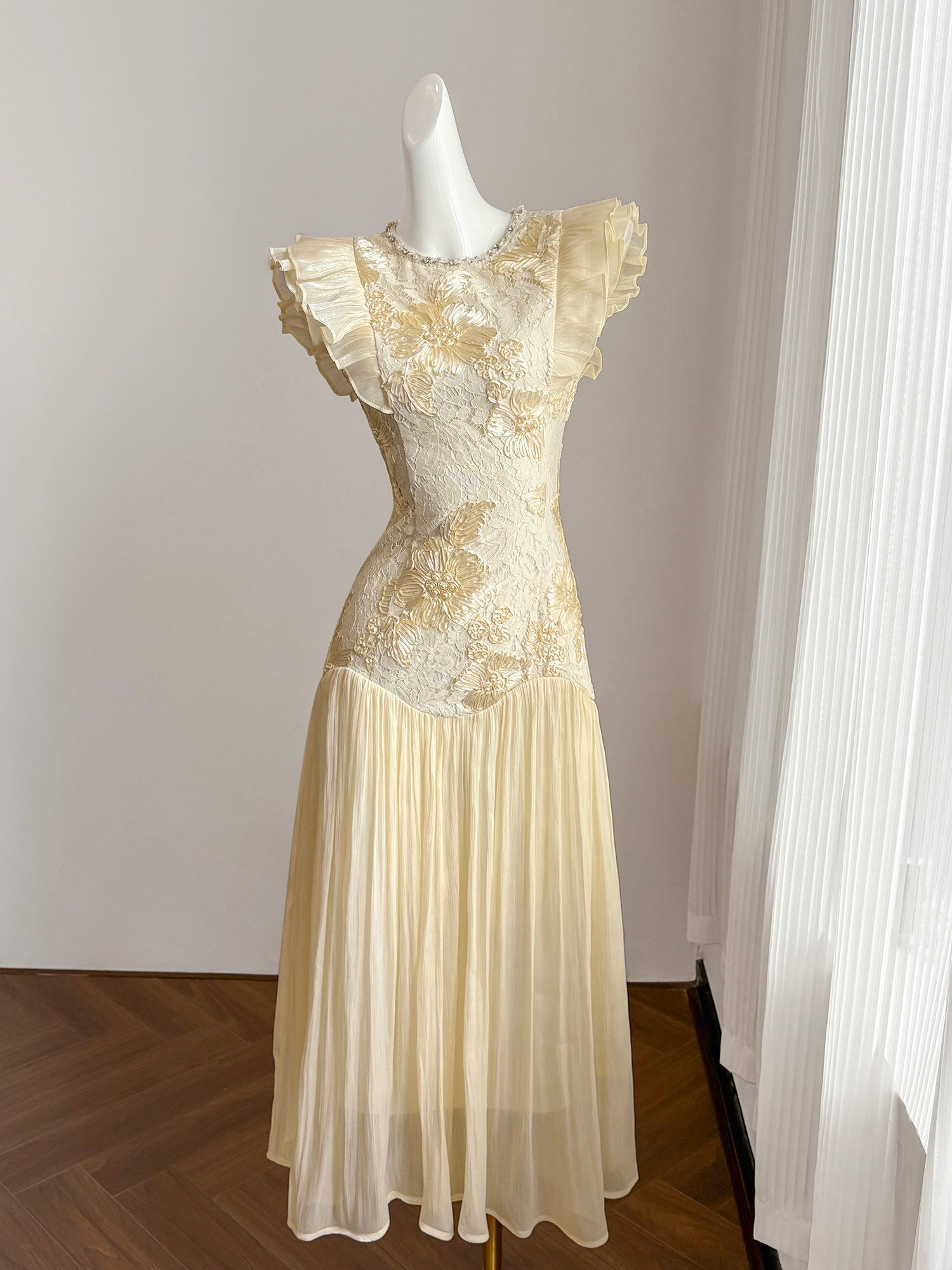Cream Lace Floral Embroidered Maxi Dress With Ruffled Sleeves