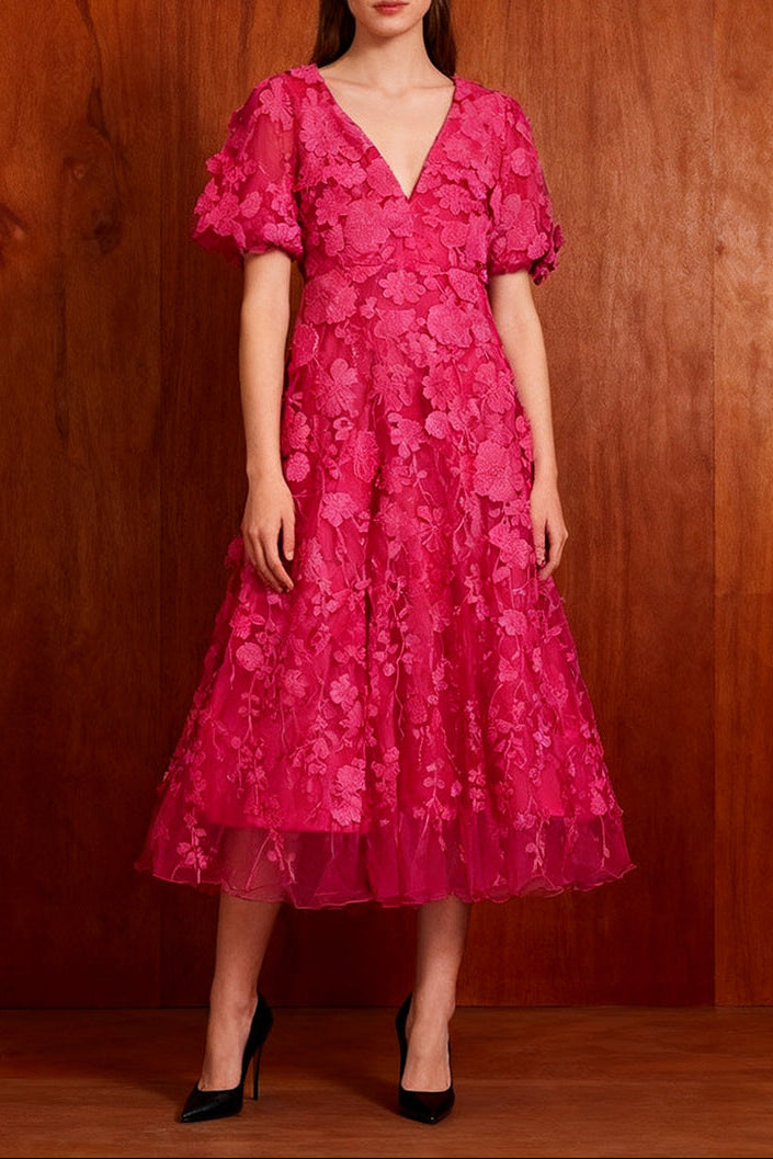 Modesty Puff Sleeve V-Neck Embroidery Midi Dress In Rose Red