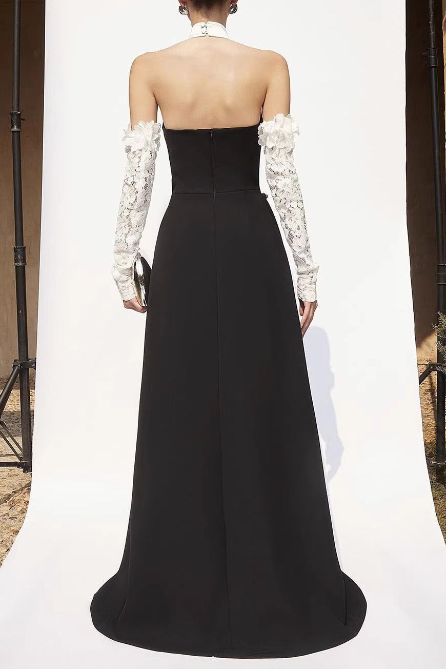 Jenny Halter-Neck 3d Flower Embroidery Backless Maxi Dress - Black