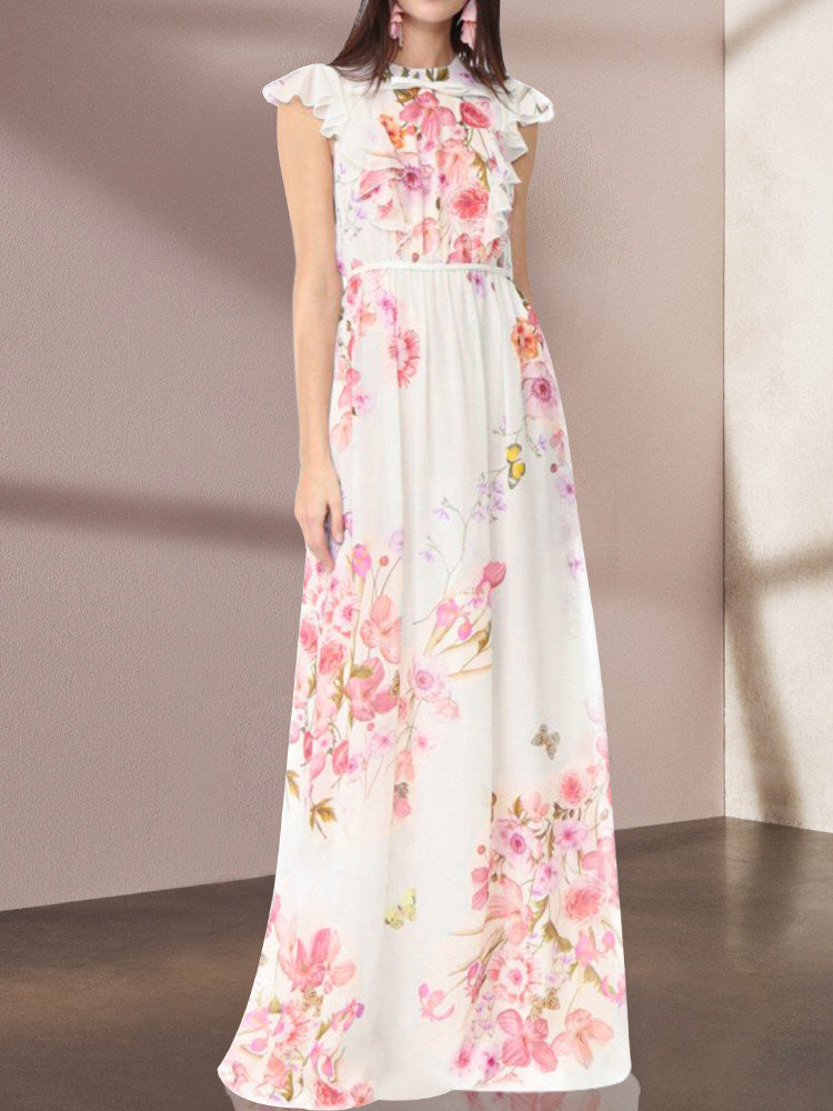 White Floral Flying Sleeves Maxi Dress