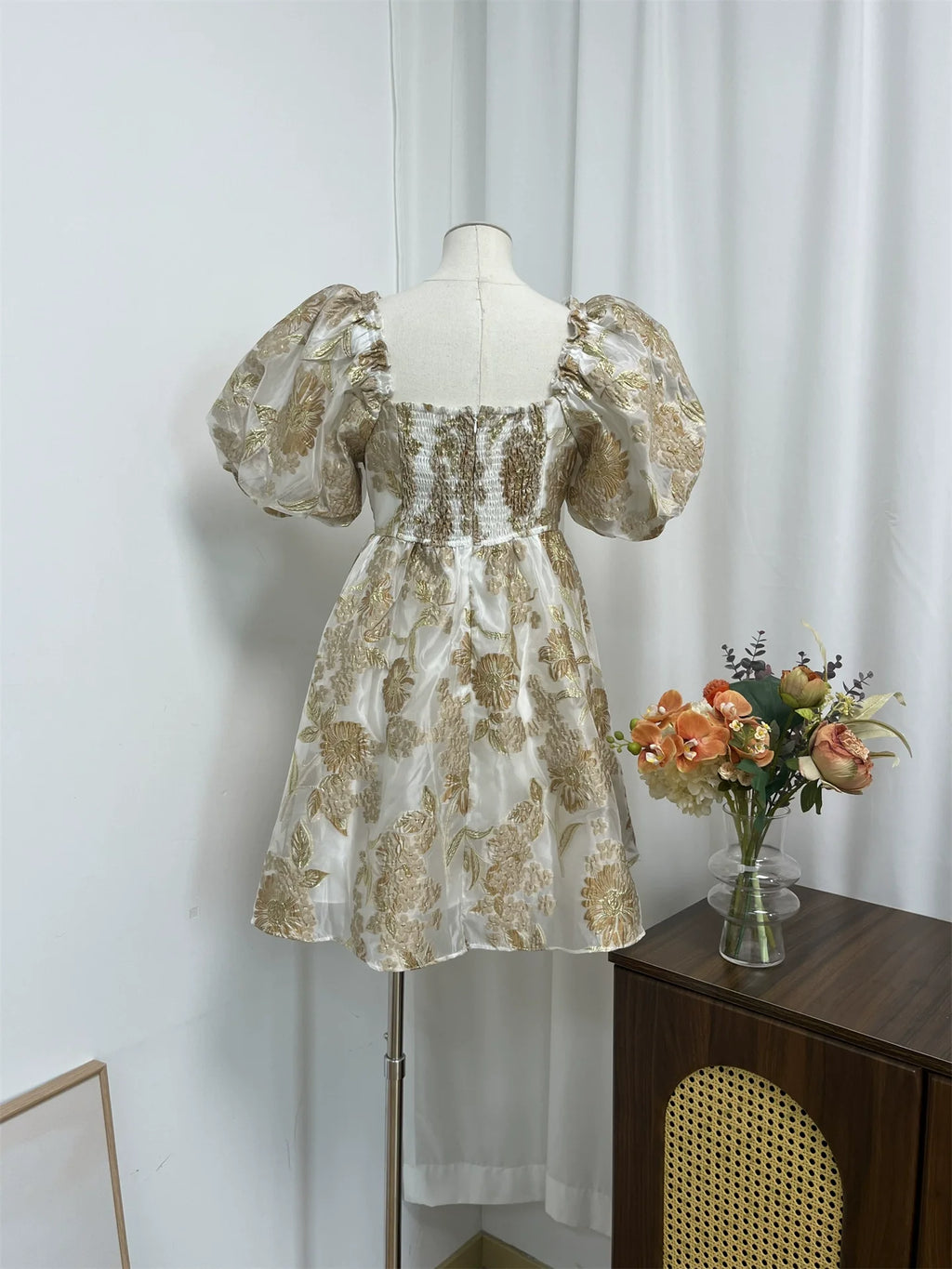 Gold Jacquard Square Neck Puff Sleeves Puffy Mini Dress