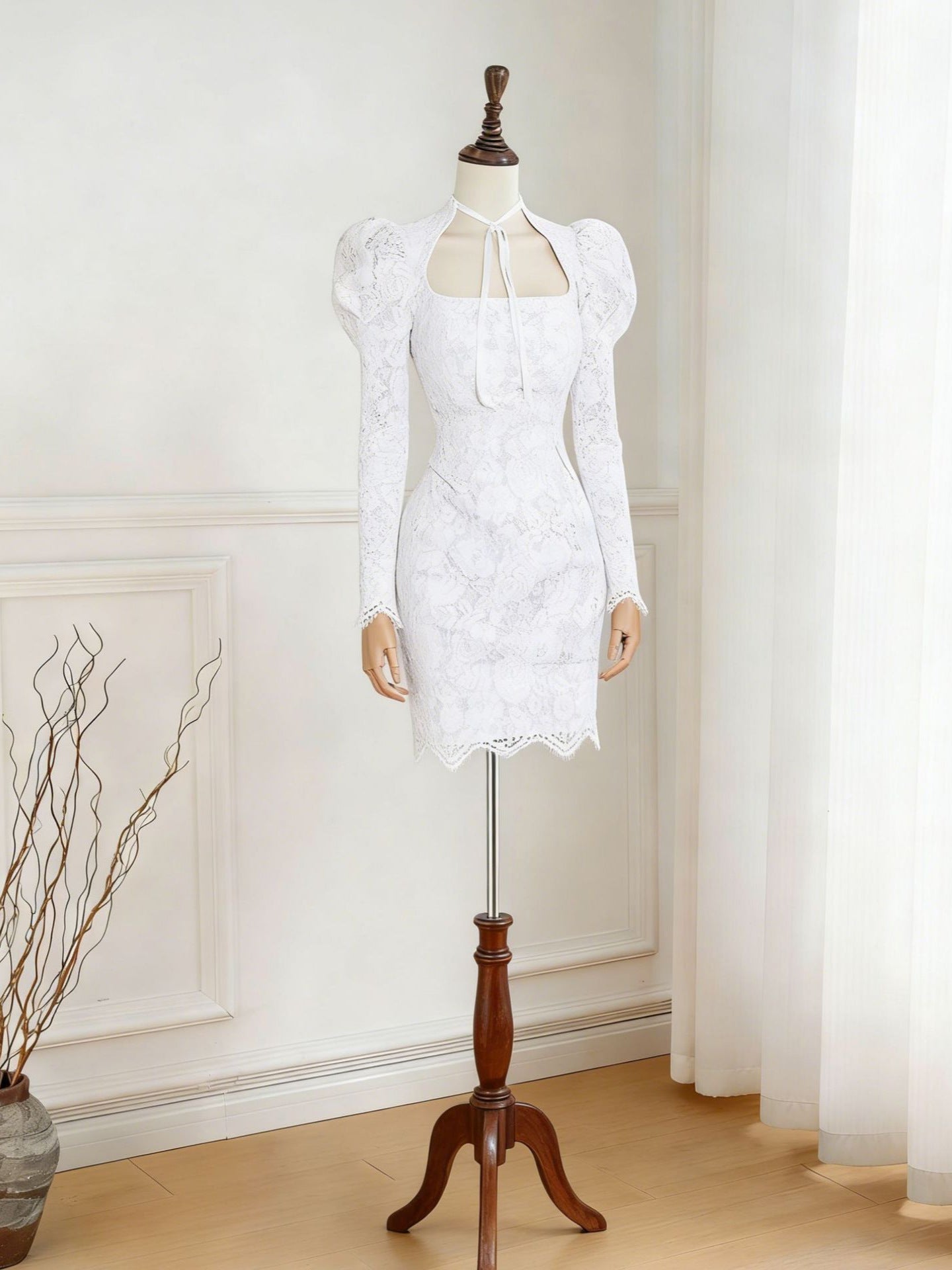 Lace Puff-Sleeve Mini Dress