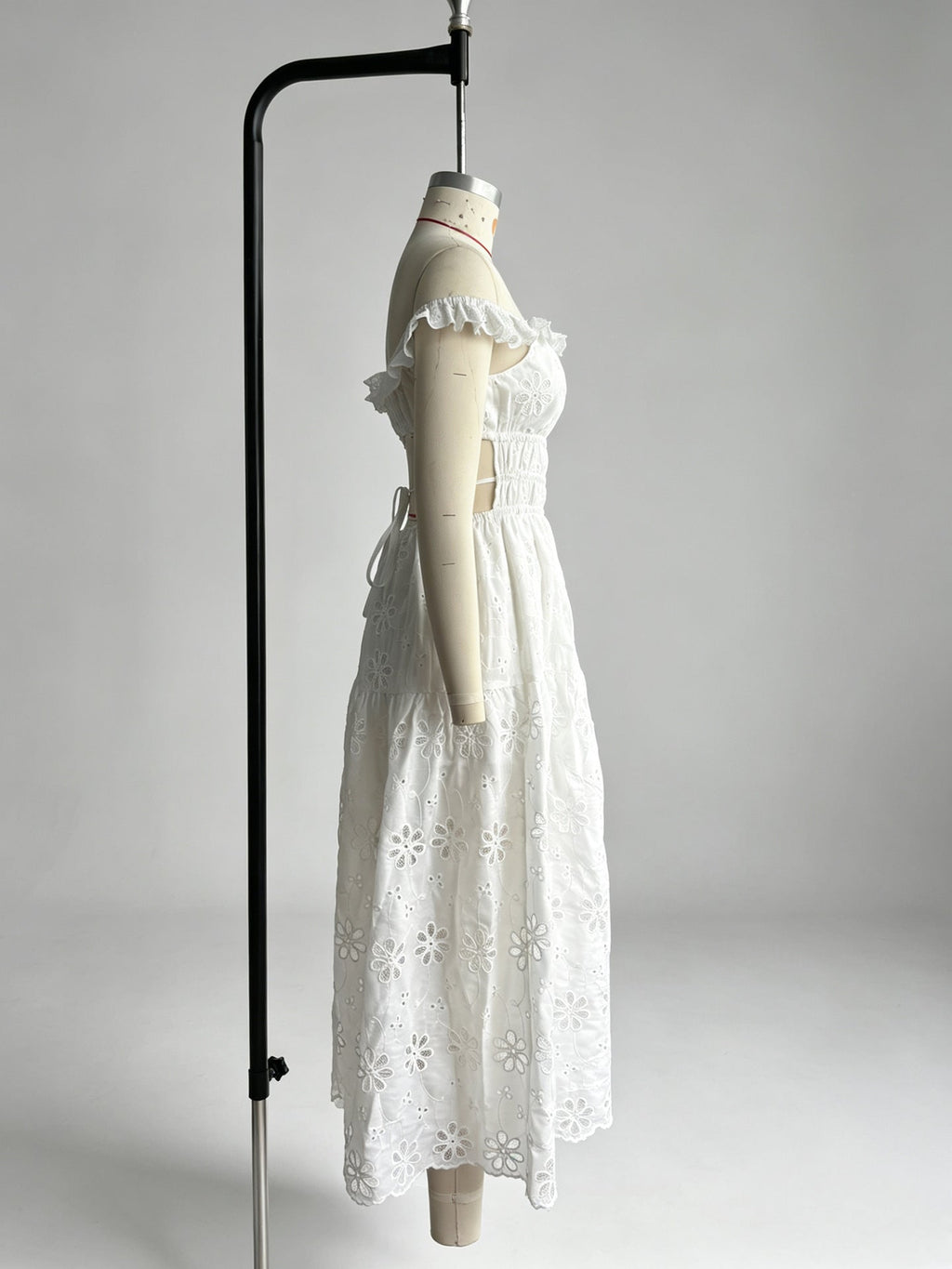 Flowering Girl Women Ruffled square neck embroidered backless slit maxi dress - white