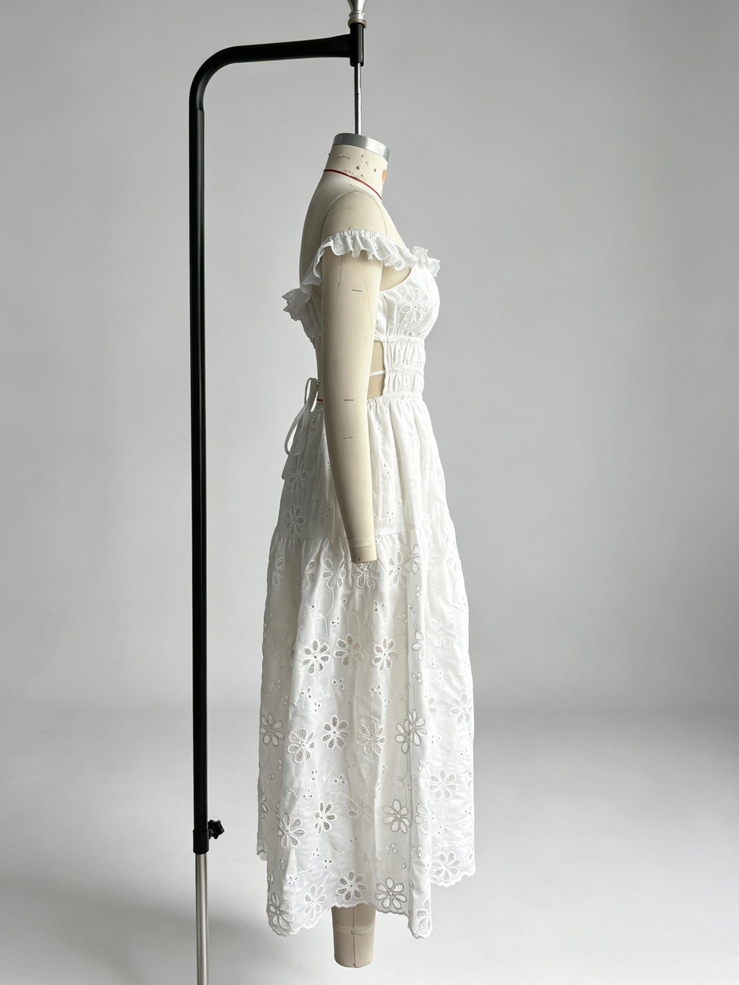 Flowering Girl Women Ruffled square neck embroidered backless slit maxi dress - white