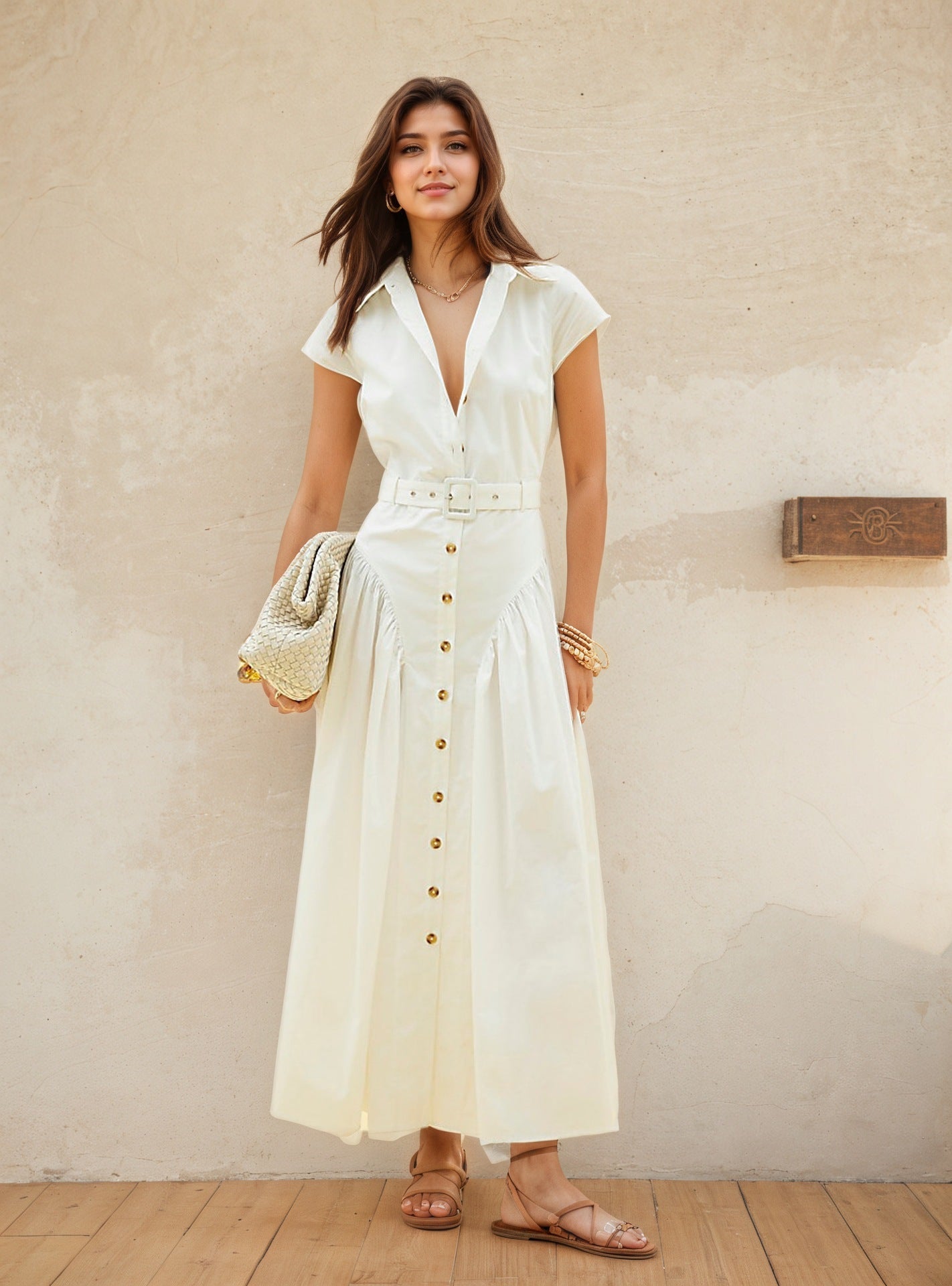 Flowering Girl Women Cap Sleeve Belted Shirt Maxi Dress