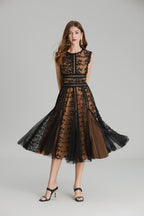 phoenix 3d Embroidered lace mesh midi dress in black