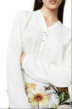 White Henley Neck Floral Print Back Long Sleeve Blouse