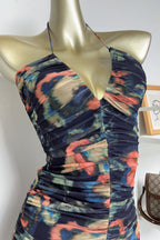 multicolor floral print pleated Bodycon Mini Dress