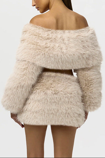 Verna Faux Fur Off-Shoulder Long Sleeve Top In Beige