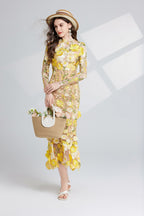 Flowering Girl Women CAROL YELLOW FLORAL EMBROIDERY MESH LONG SLEEVE MIDI DRESS