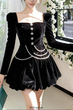 vanessa black square neck rhinestone velvet mini dress