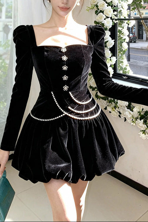 Vanessa Black Square Neck Rhinestone Velvet Mini Dress