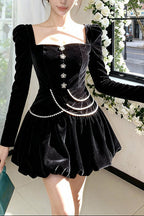 Vanessa Black Square Neck Rhinestone Velvet Mini Dress