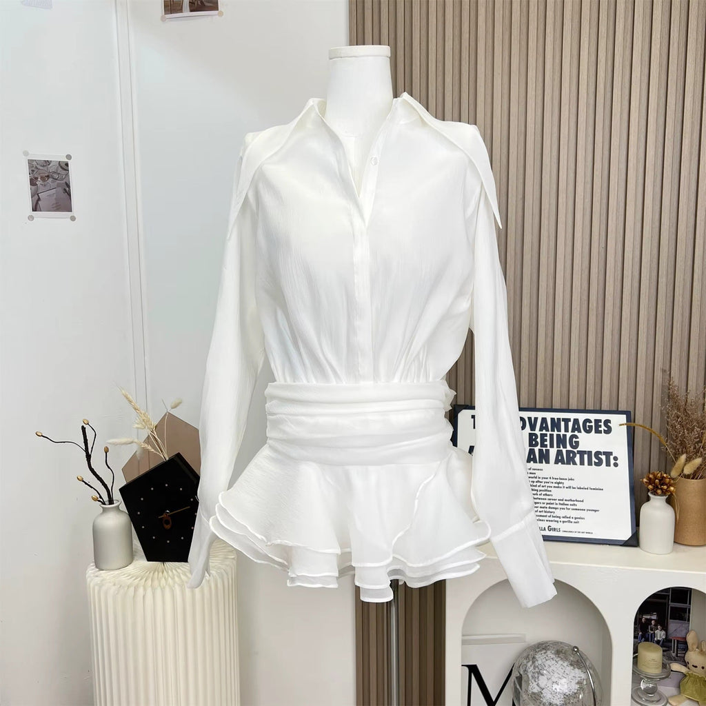 Flowering Girl Women Collared mesh ruffled long-sleeved shirt and skirt