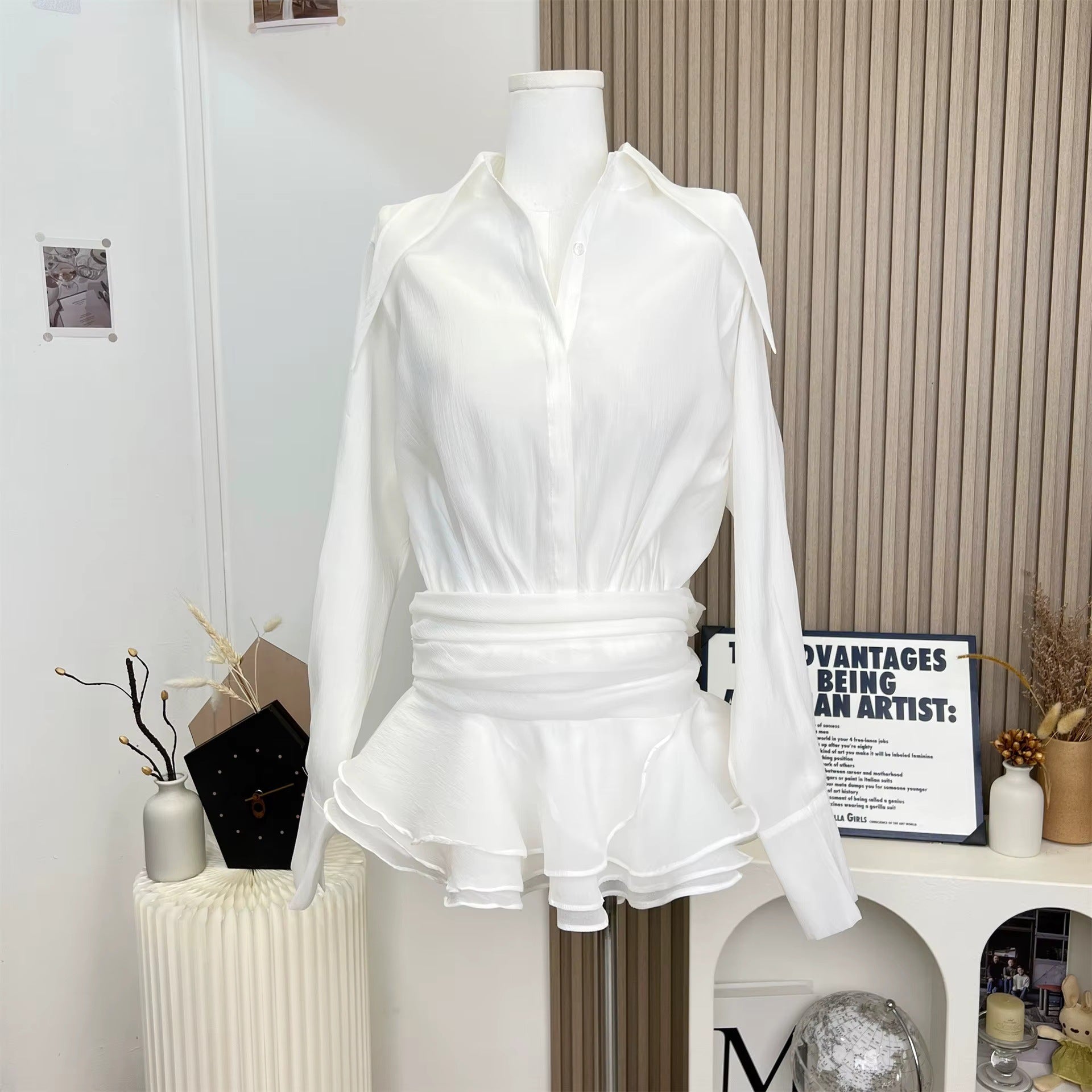 Flowering Girl Women Collared mesh ruffled long-sleeved shirt and skirt