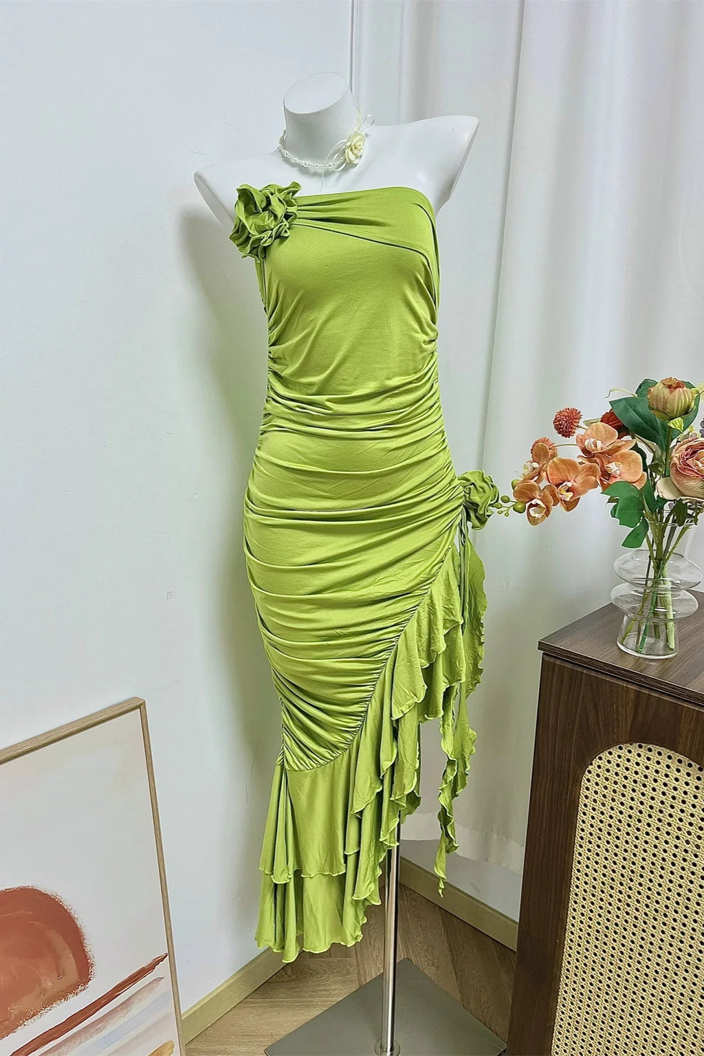 green flower side slit ruffled dress