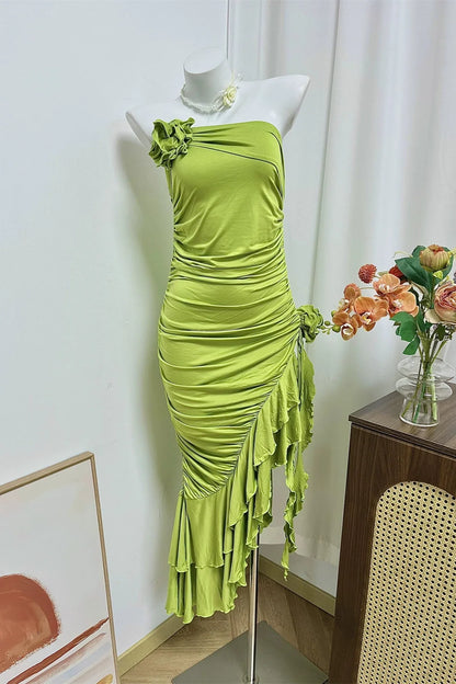 green flower side slit ruffled dress