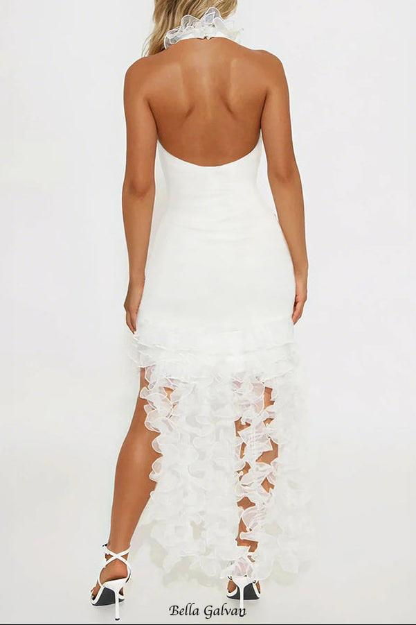 marina ruffle trim halter bodycon mini dress - white