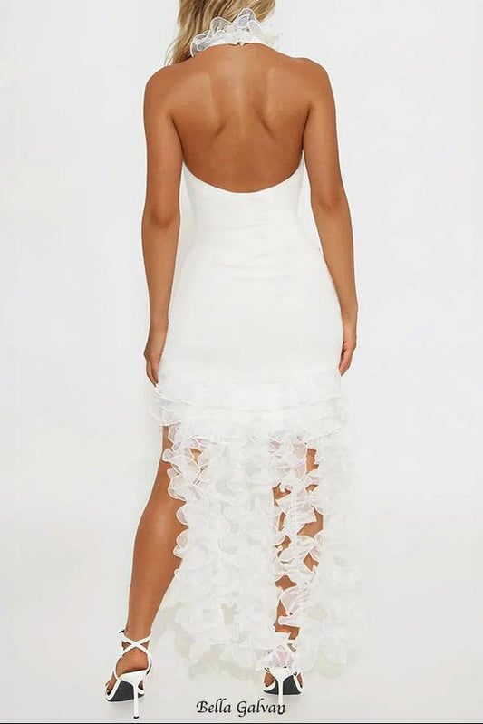 marina ruffle trim halter bodycon mini dress - white