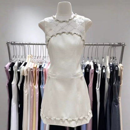nina rhinestone a-line mini dress - beige