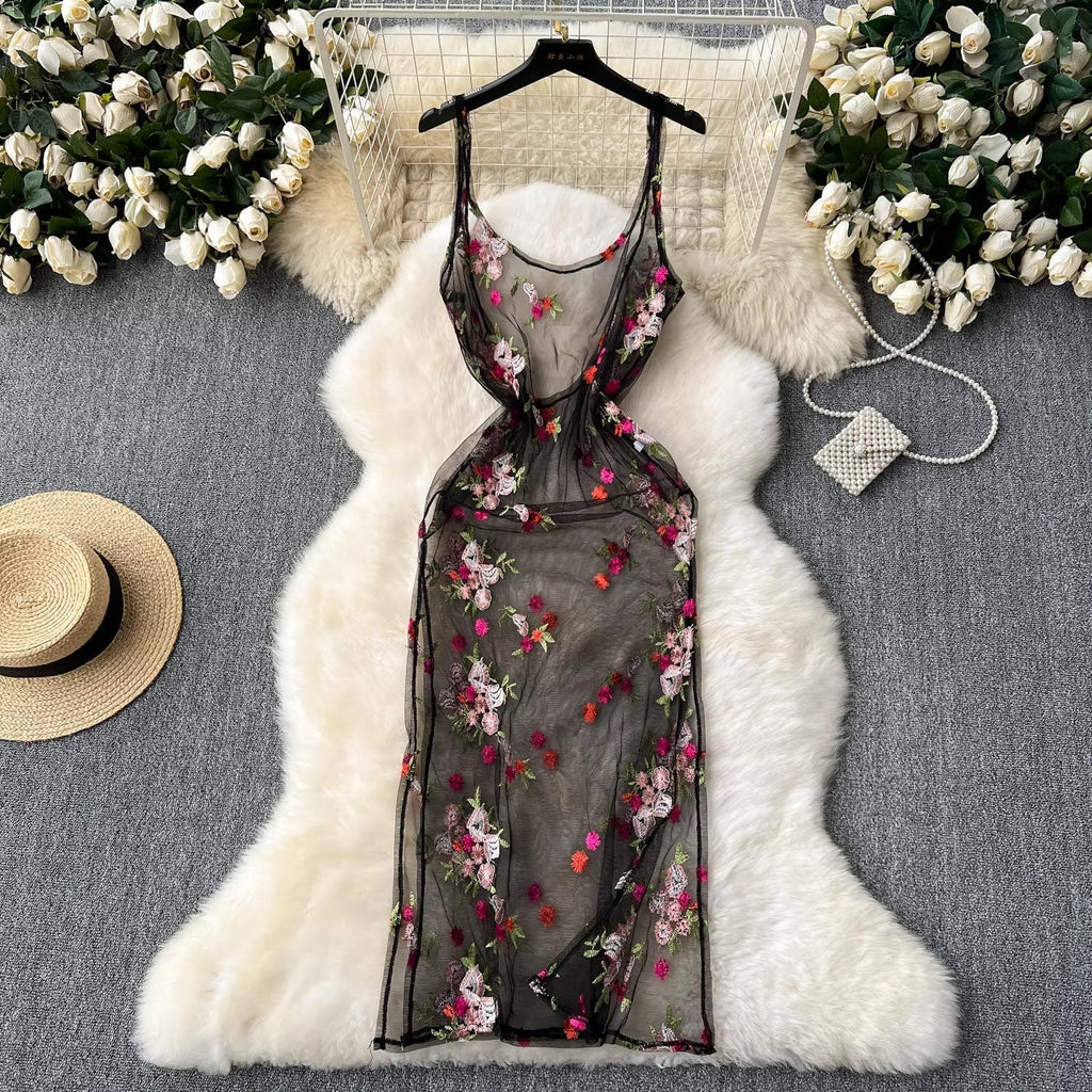 sleeveless embroidery lace mesh midi dress