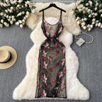 sleeveless embroidery lace mesh midi dress
