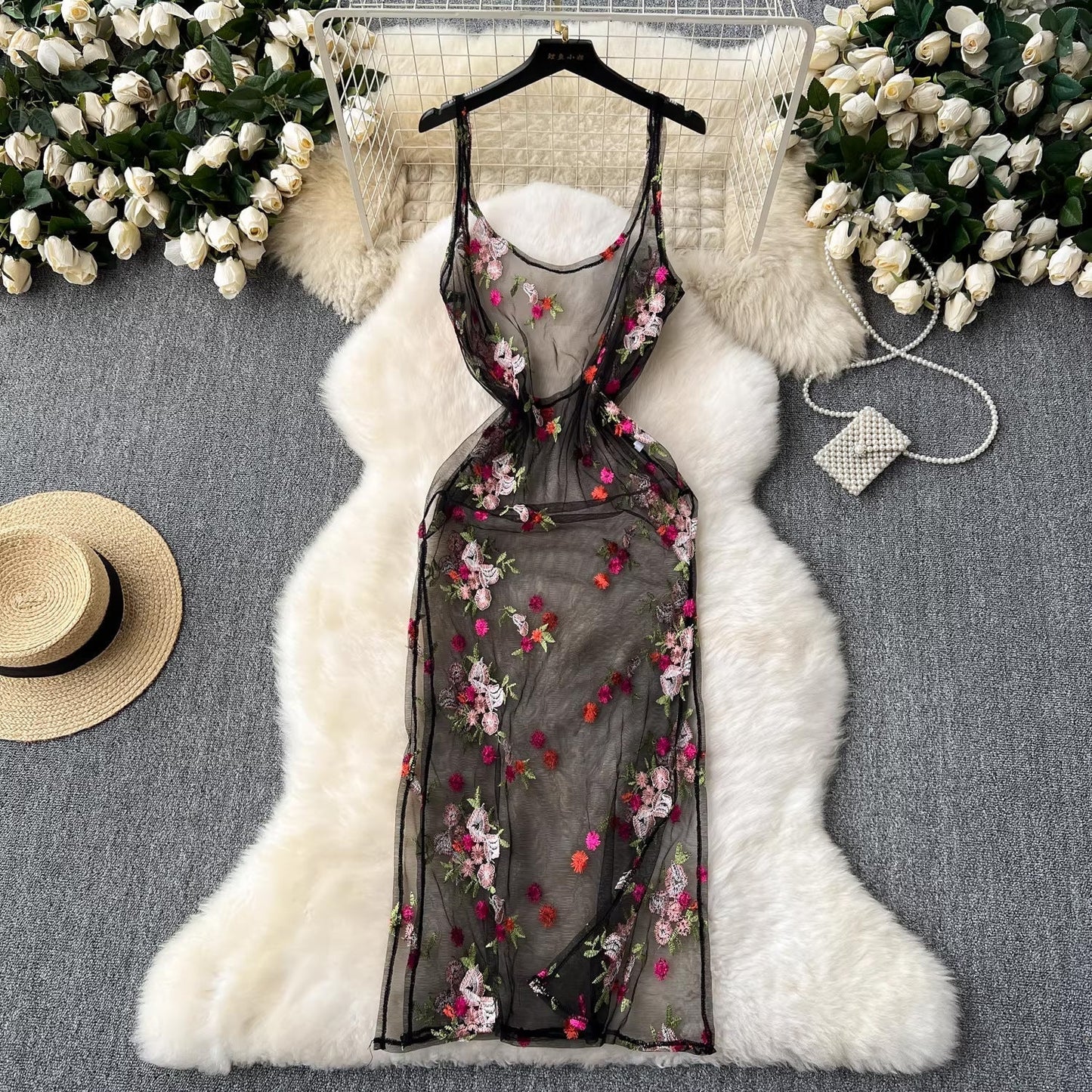 sleeveless embroidery lace mesh midi dress