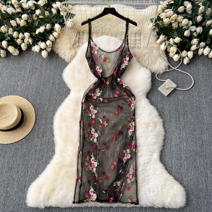 sleeveless embroidery lace mesh midi dress