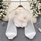 3D floral puff sleeve tulle shirt