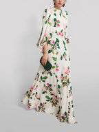 White Floral Print Satin Maxi Dress With Balloon Sleeves