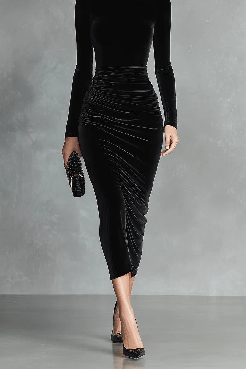 Flowering Girl Women black long sleeve turtleneck hip gold velvet maxi dress