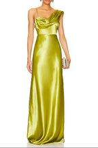 janice one-shoulder satin maxi dress in green