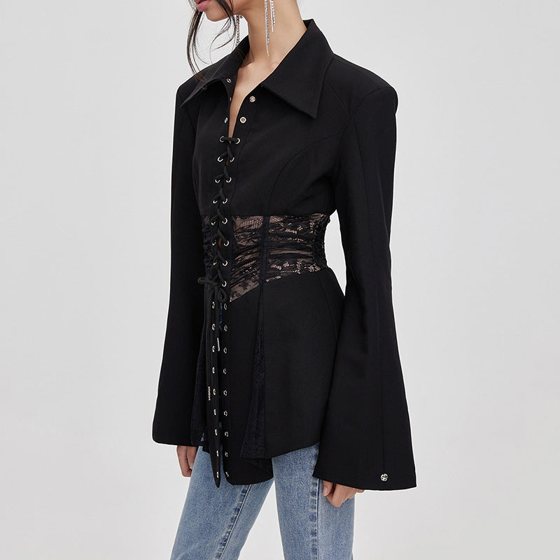 Flowering Girl Women Melany See Through Lace Up Shirt in Black