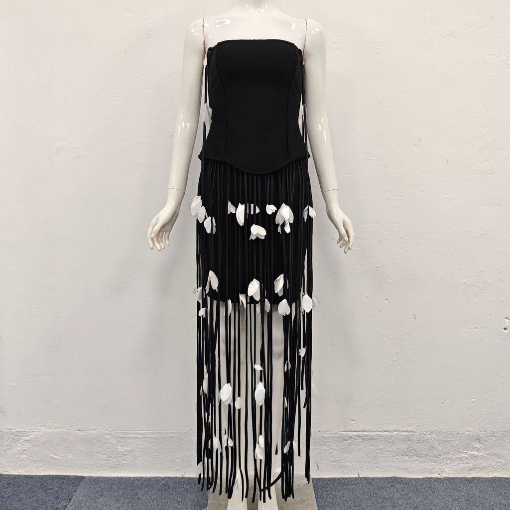 Hilary Black Flower Tassel Strapless Mini Dress