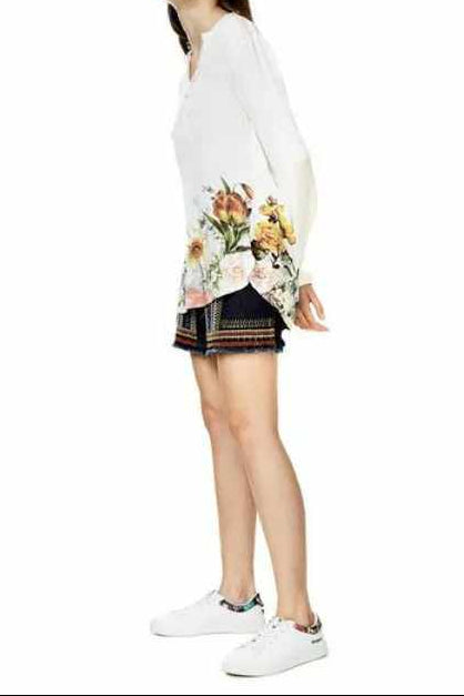 White Henley Neck Floral Print Back Long Sleeve Blouse